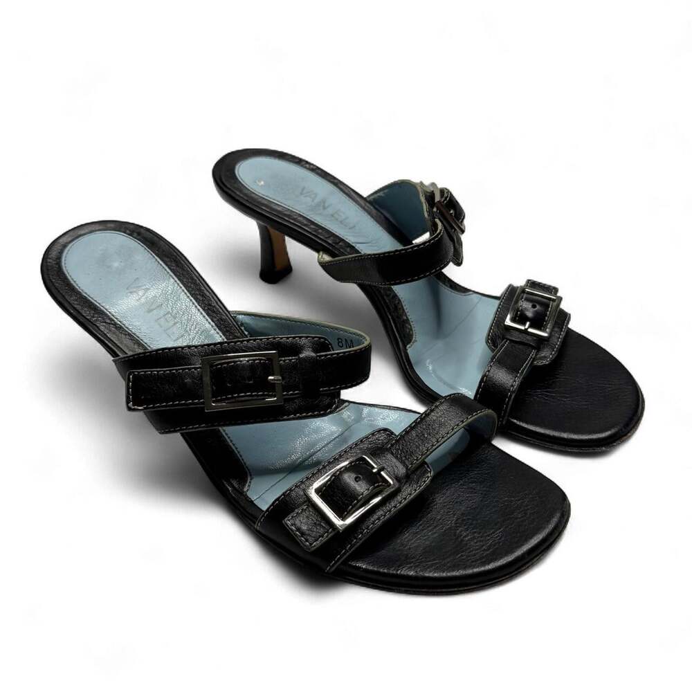 Black leather buckle mules with silver buckles and a kitten heel size 8 Vaneli